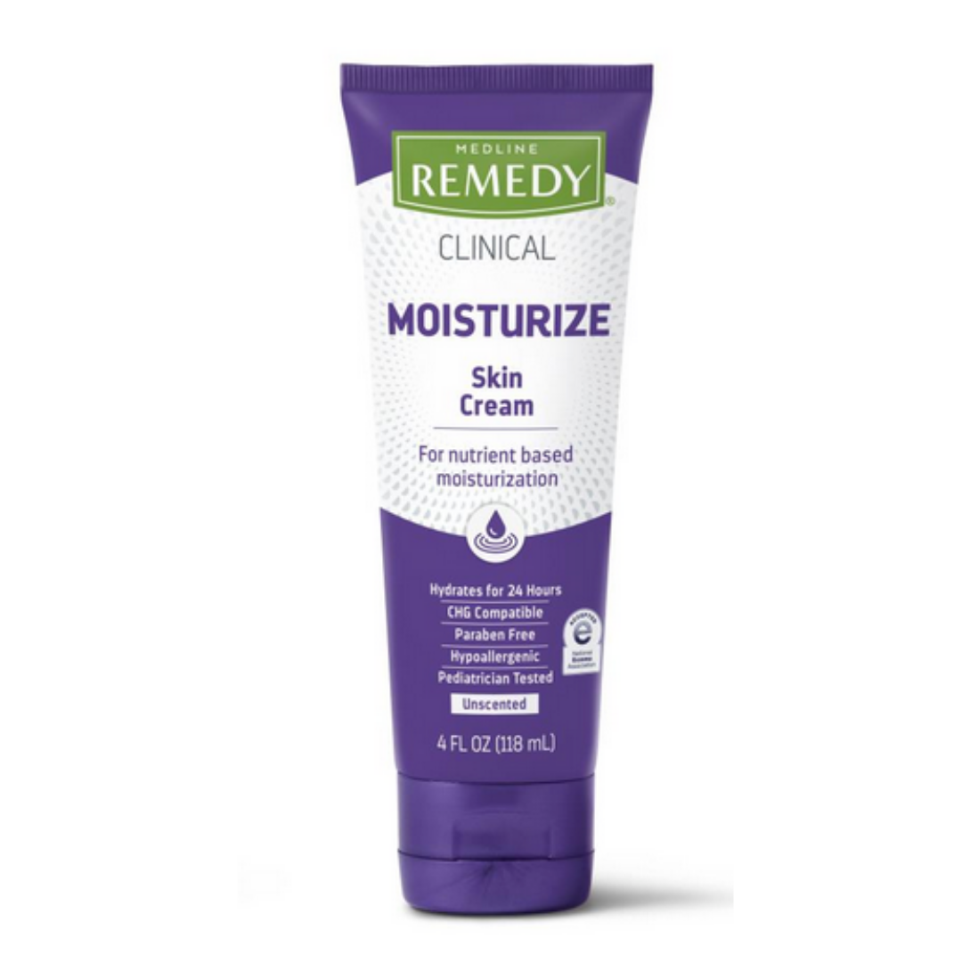 A purple and white tube of Medline Remedy Clinical Skin Cream - Full Body Lotion, 4 fl oz, unscented moisturizer offers 24-hour hydration. Its CHG compatible, paraben free, hypoallergenic, and pediatrician tested.